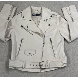 NWOT Zara Womens M Faux Leather Motorcycle Moto Jacket Zip Up Beige